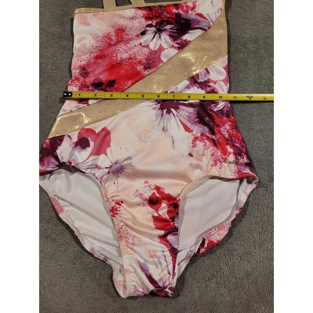 New Justice 1 Shoulder Leotard&Matching Scrunchie Gymnastic/Dance Floral GoldXL